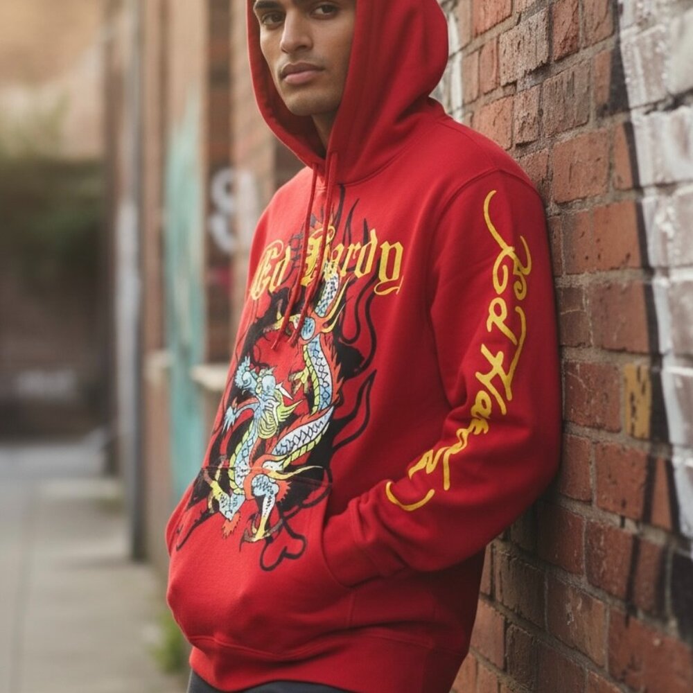 NEW Ed Hardy Tattoo Dragon Hoodie Men’s Size Large Red Sweatshirt NWT